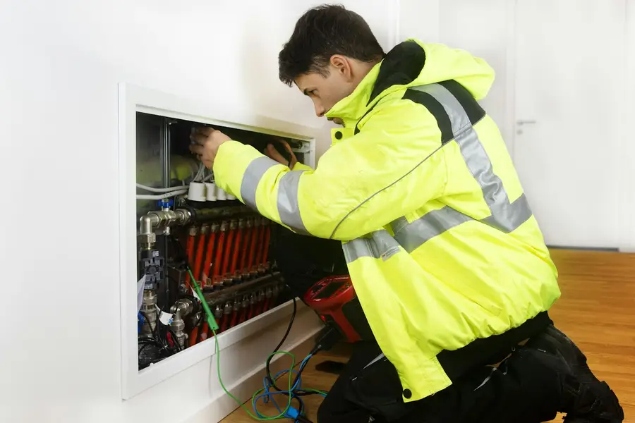 Technician in a high-visibility jacket working on a heating manifold